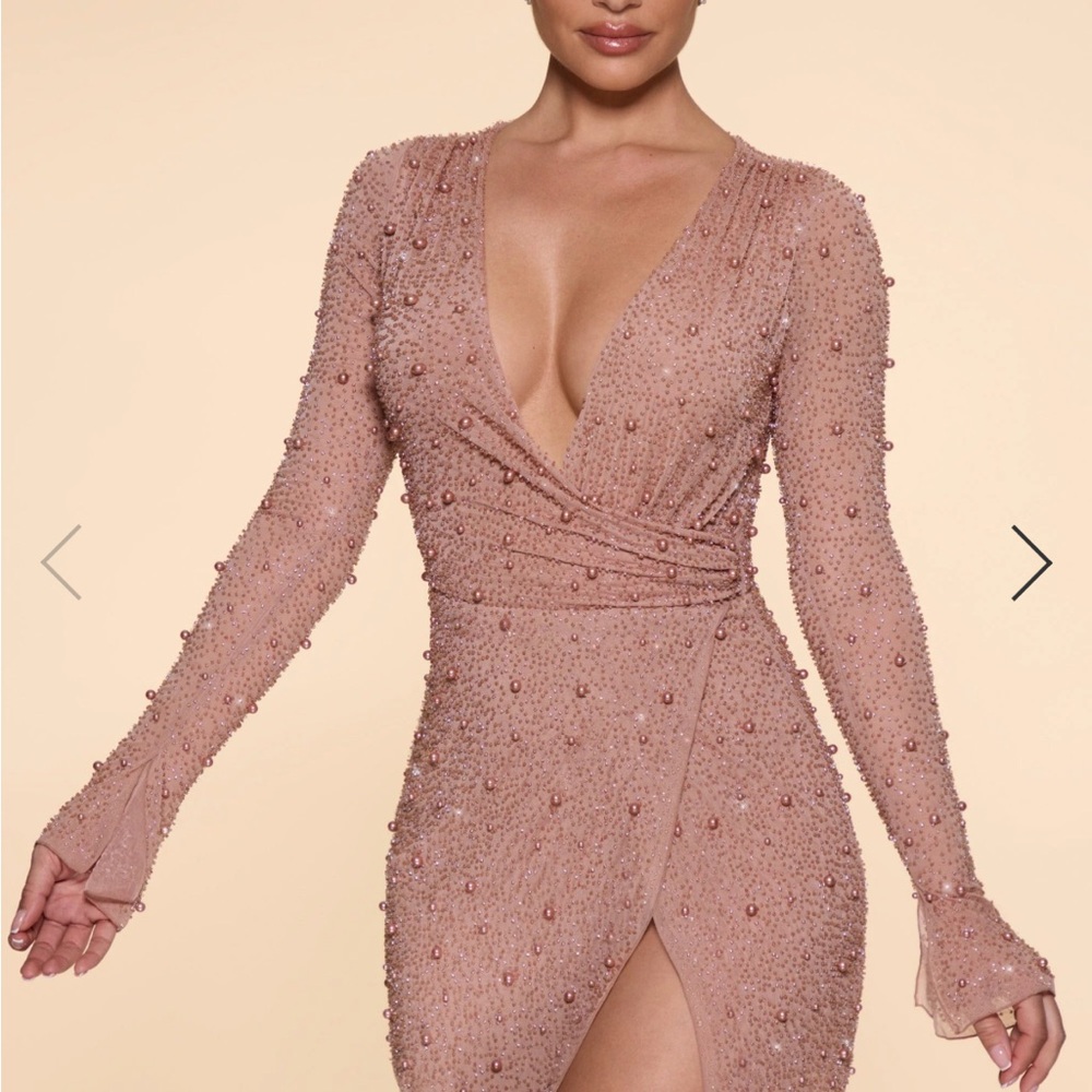 Embellished Wrap Over A-Line Mini Dress in Beige